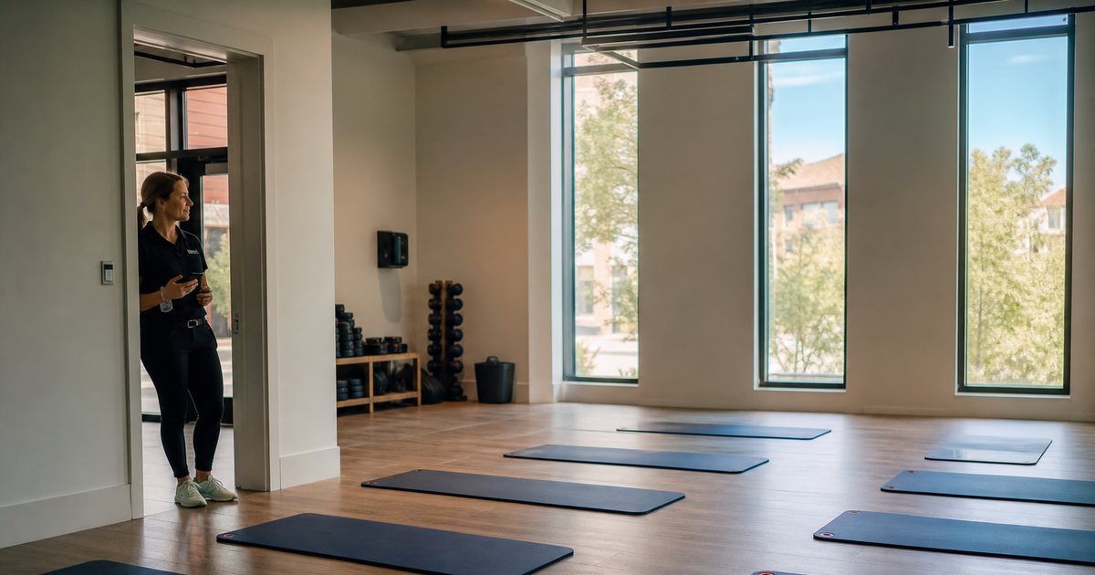 An empty group fitness studio with exercise mats laid out in neat rows, morning light through tall windows, a single staff member standing in the doorway holding a phone