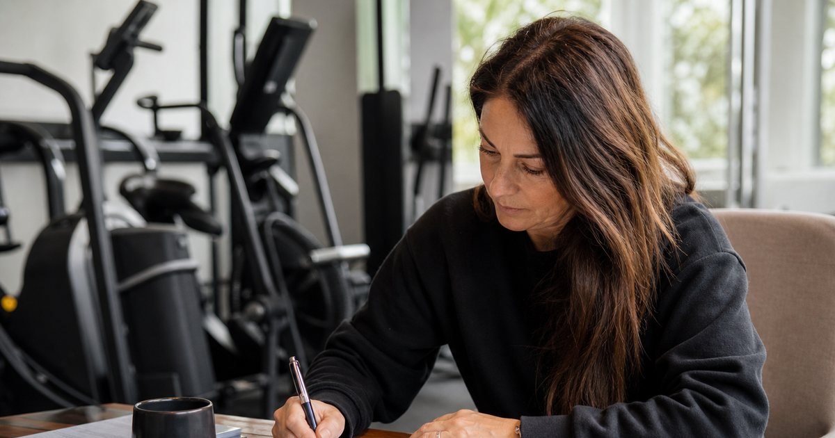 A studio owner seated at a small wooden desk writing numbers in a paper notebook with a pen, a coffee mug beside it, sunlight through a window, exercise equipment softly blurred in the background