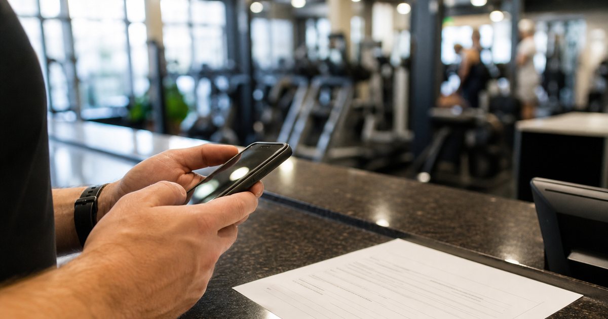 Close-up of a person's hands holding a smartphone at a gym reception counter, a paper sign-up form and a pen on the counter, soft daylight, a blurred fitness floor in the background