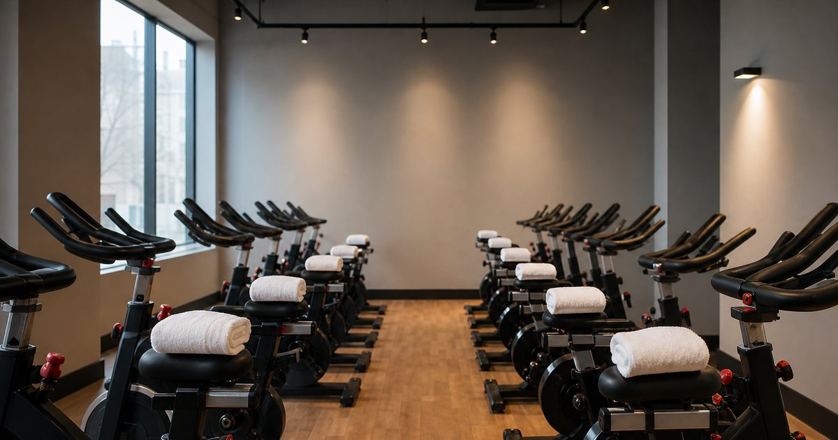 Empty boutique indoor cycling studio at dawn, two neat rows of stationary bikes on a polished wood floor, a folded white towel resting on each seat, warm overhead lights and soft daylight from a tall side window, no people, no signage