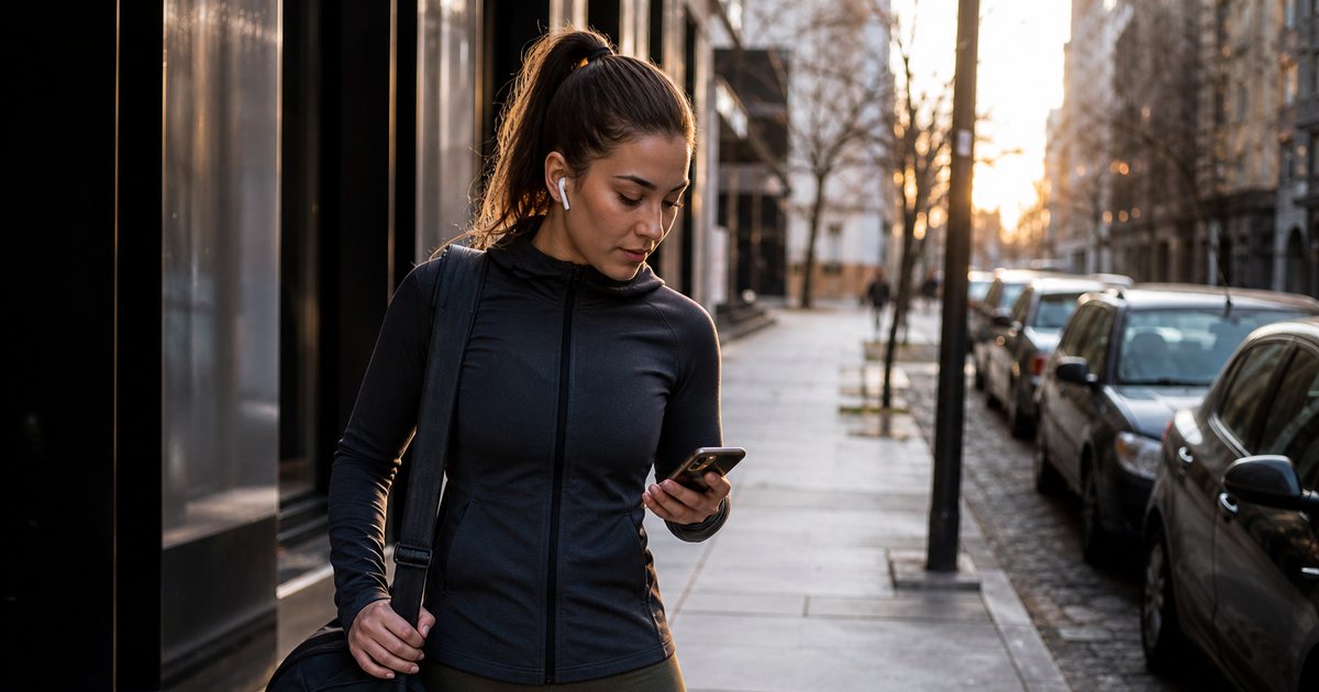 A woman in workout clothes glancing at her phone while walking down a city sidewalk in early morning light, a gym bag on her shoulder, storefronts and parked cars behind her