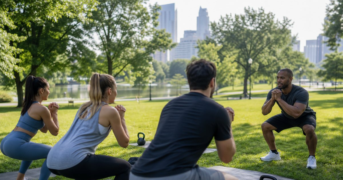 A sunny park lawn where a small group does a morning workout with mats and kettlebells, trees and a city skyline in the background, one instructor demonstrating a squat