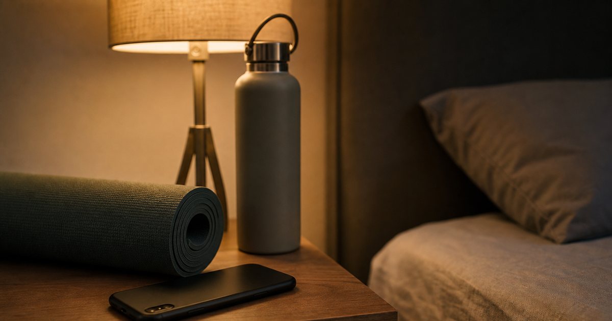 A dimly lit bedroom at night, a smartphone face down on a wooden nightstand next to a folded yoga mat and a water bottle, soft warm lamp light, no people