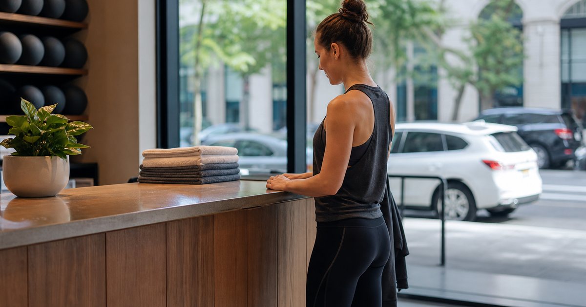 A calm fitness studio lobby in the morning, a wooden front desk with a small potted plant and a stack of folded towels, glass storefront behind it showing a quiet city street and parked cars, soft natural light, one staff member in athletic wear standing at the counter, no signage